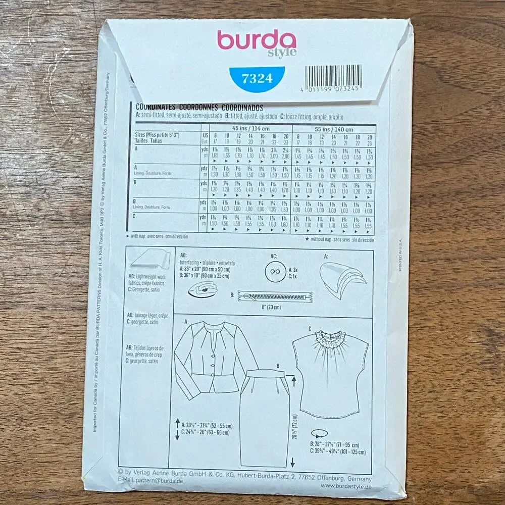 Burda sewing pattern #7321 coordinates jacket top skirt UNCUT size US 8-20
